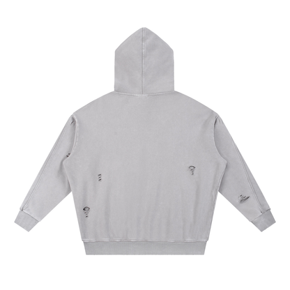Unisex Snow Washed Distressed Panel Pocket Hoodie in light gray, alternate angle