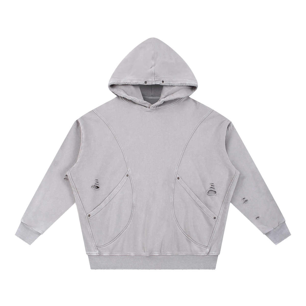 Unisex Snow Washed Distressed Panel Pocket Hoodie in light gray