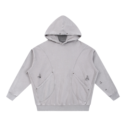 Unisex Snow Washed Distressed Panel Pocket Hoodie in light gray