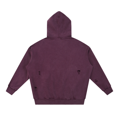 Unisex Snow Washed Distressed Panel Pocket Hoodie in plum purple, alternate angle