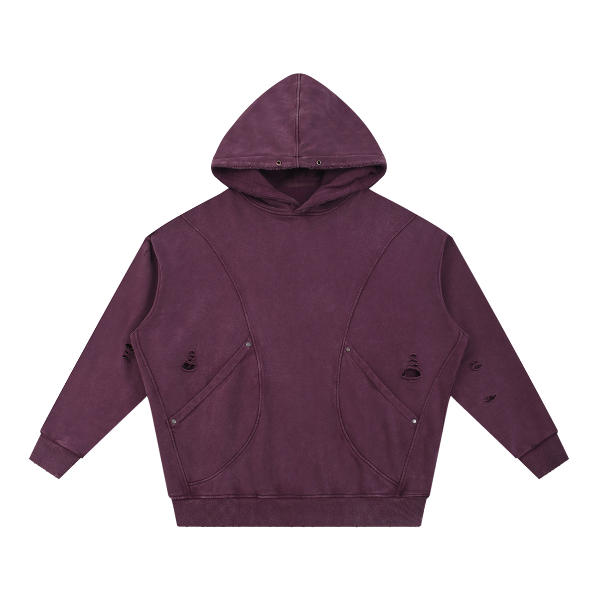 Unisex Snow Washed Distressed Panel Pocket Hoodie in plum purple