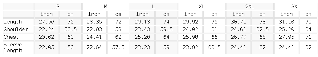 Size chart for the Unisex Snow Washed Loose Cotton Hoodie