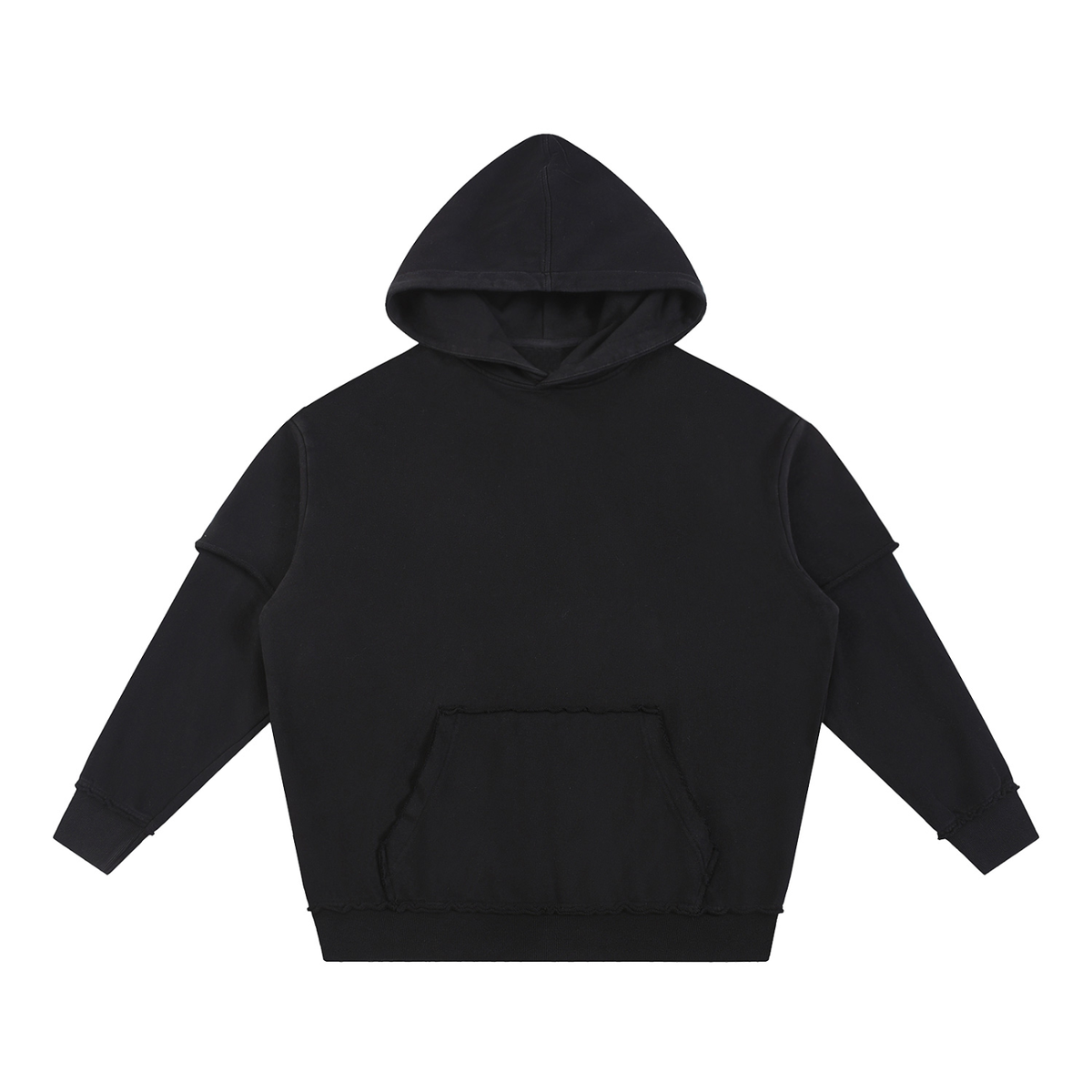 Unisex Snow Washed Raw Edge Double Layered Hoodie in black