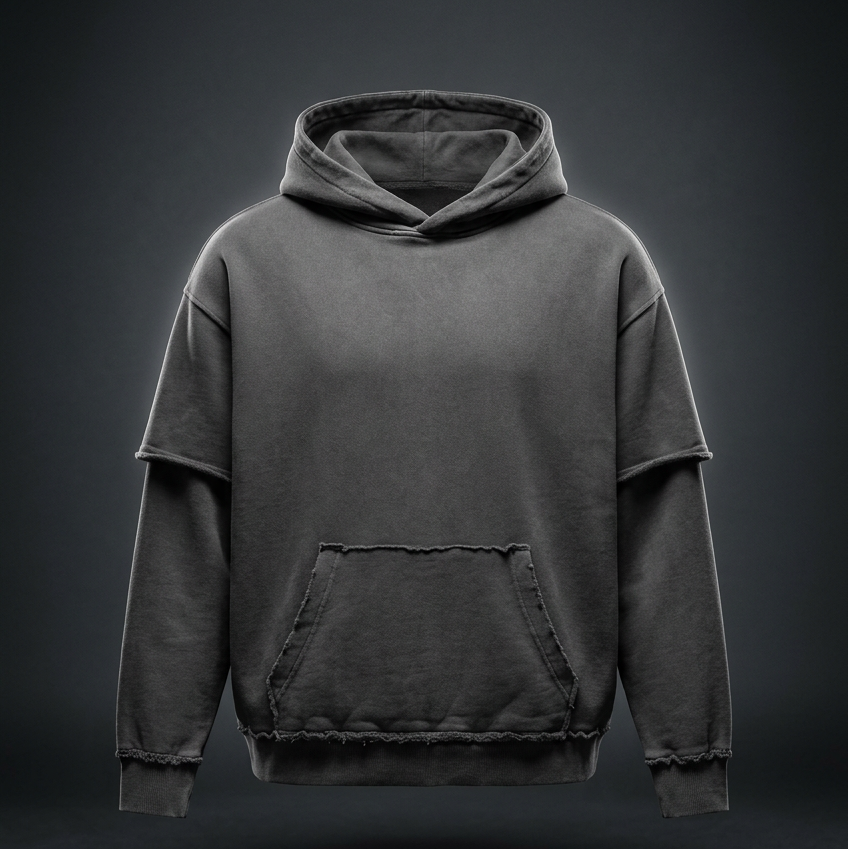 Unisex Snow Washed Raw Edge Double Layered Hoodie