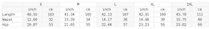 Size chart for the Unisex Snow Washed Raw Edge Sweatpants
