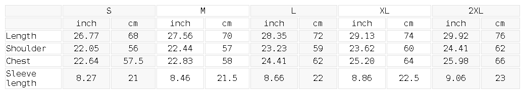Size chart for the Unisex Snow Washed Raw-Hem T-Shirt