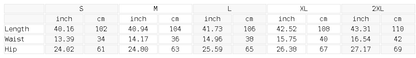 Size chart for the Unisex Snow Washed Straight Leg Pants