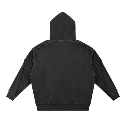 Unisex Snow Washed Tape Raw Edge Hoodie in black, alternate angle