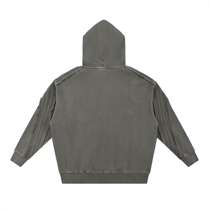 Unisex Snow Washed Tape Raw Edge Hoodie in dark gray, alternate angle