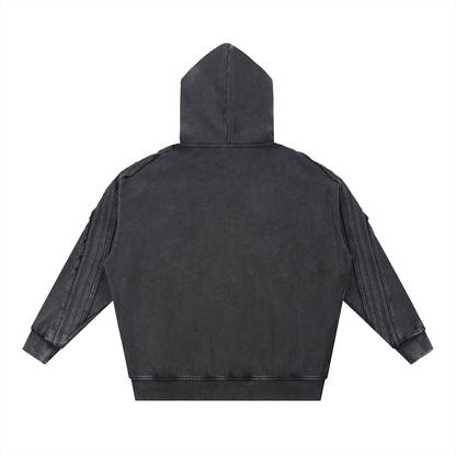 Unisex Snow Washed Tape Raw Edge Zip Hoodie in black, alternate angle
