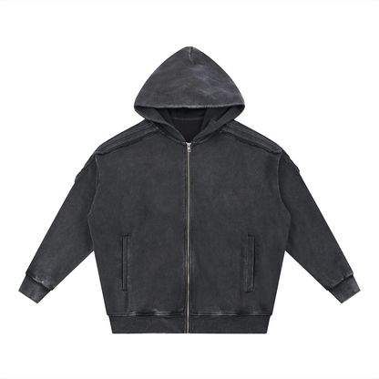 Unisex Snow Washed Tape Raw Edge Zip Hoodie in black