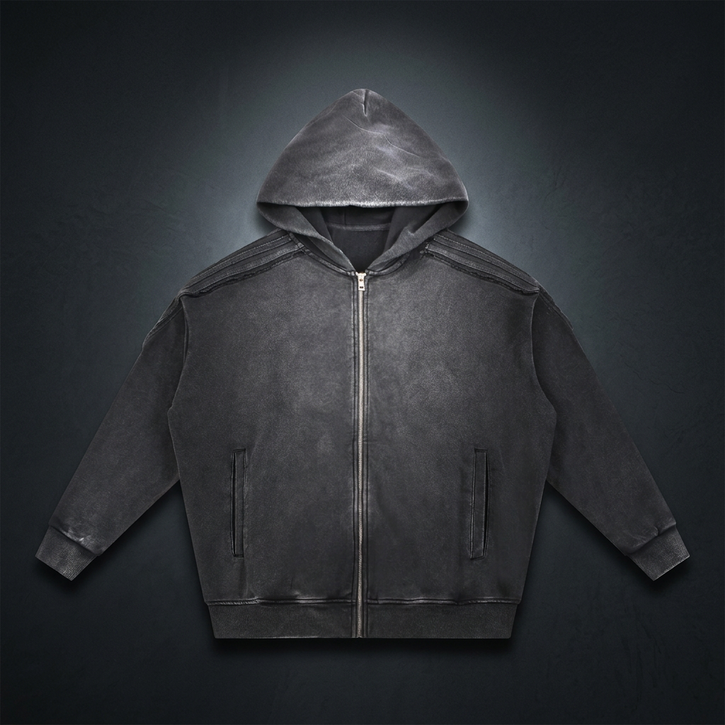 Unisex Snow Washed Tape Raw Edge Zip Hoodie