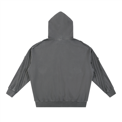 Unisex Snow Washed Tape Raw Edge Zip Hoodie in dark gray, alternate angle