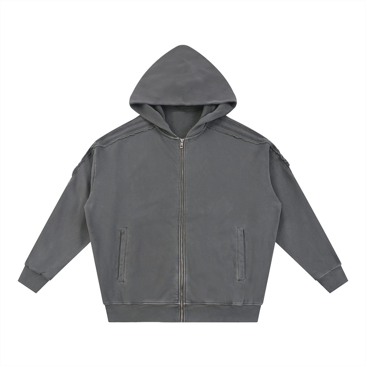 Unisex Snow Washed Tape Raw Edge Zip Hoodie in dark gray
