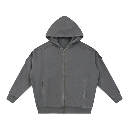 Unisex Snow Washed Tape Raw Edge Zip Hoodie in dark gray