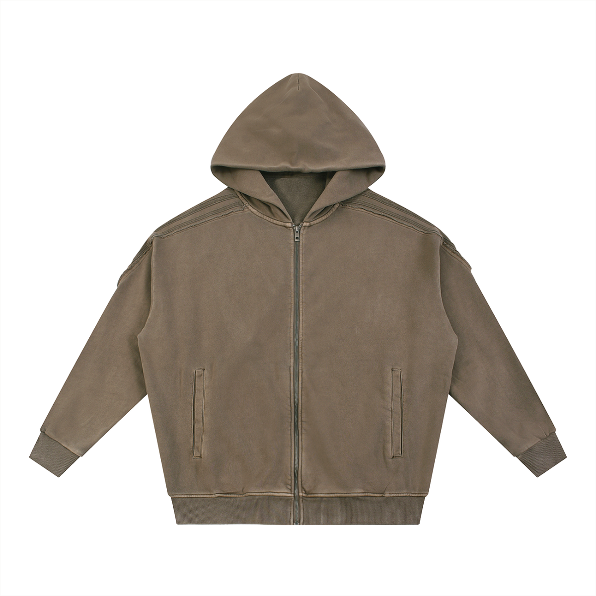 Unisex Snow Washed Tape Raw Edge Zip Hoodie in khaki