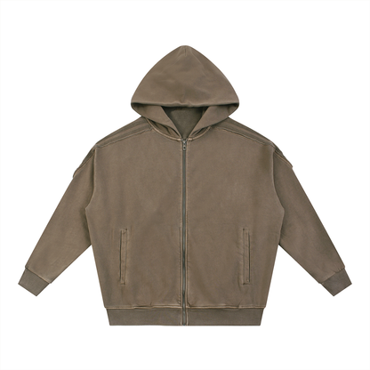 Unisex Snow Washed Tape Raw Edge Zip Hoodie in khaki