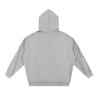 Unisex Snow Washed Tape Raw Edge Zip Hoodie in light gray, alternate angle