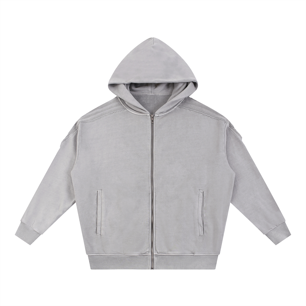 Unisex Snow Washed Tape Raw Edge Zip Hoodie in light gray