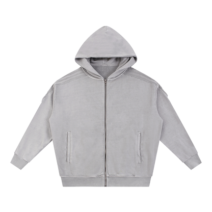 Unisex Snow Washed Tape Raw Edge Zip Hoodie in light gray