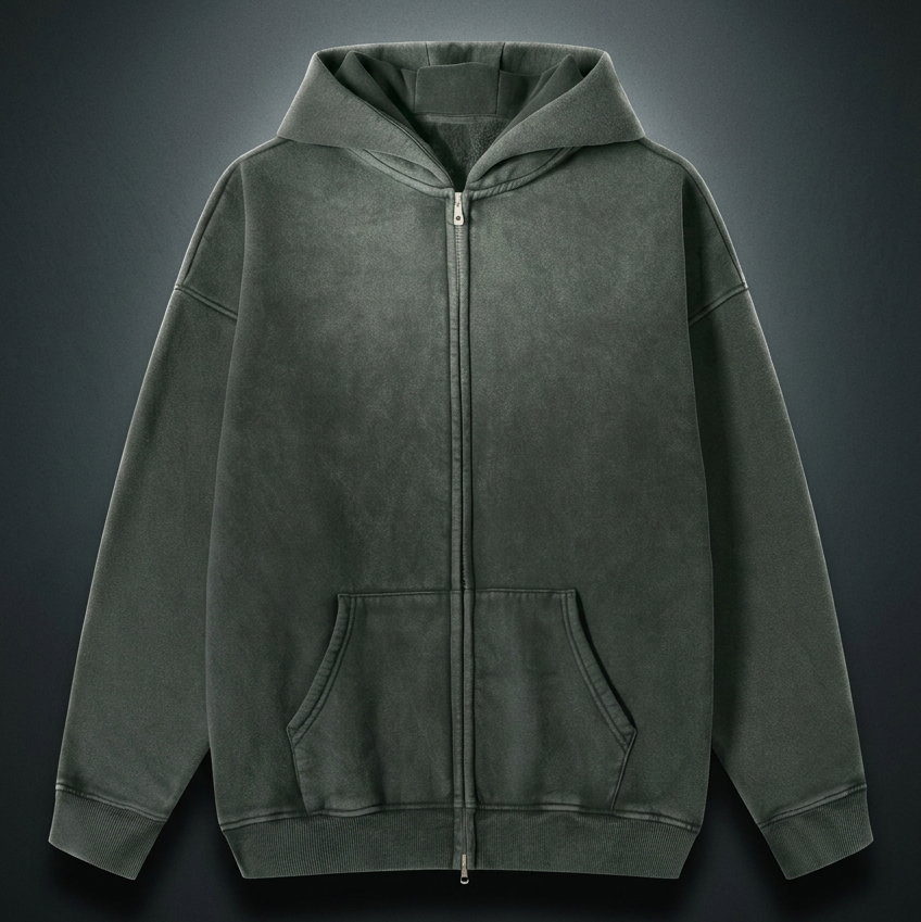 Unisex Snow Washed Zip-Through Fleece Hoodie