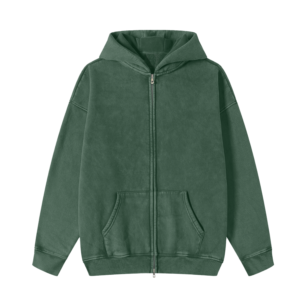 Unisex Snow Washed Zip-Through Fleece Hoodie in blackish green