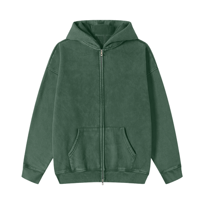 Unisex Snow Washed Zip-Through Fleece Hoodie in blackish green