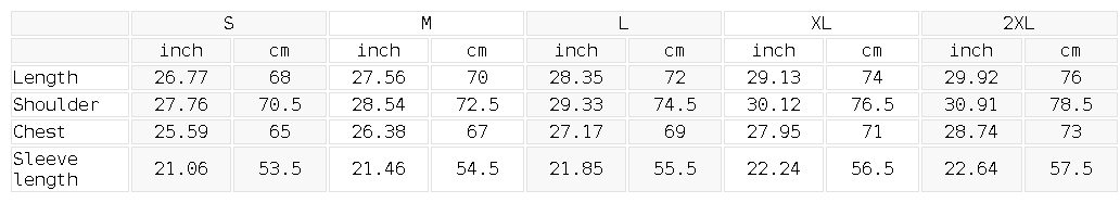 Size chart for the Unisex Snow Washed Zip-Through Fleece Hoodie