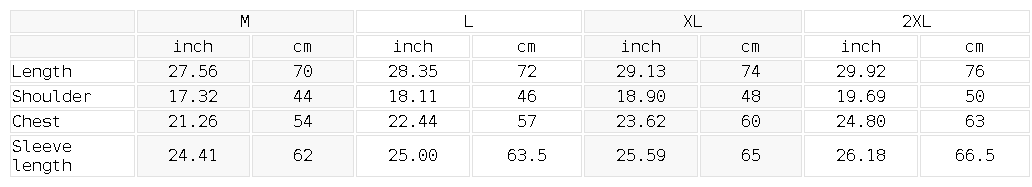 Size chart for the Unisex Soft Hooded Sports Jacket