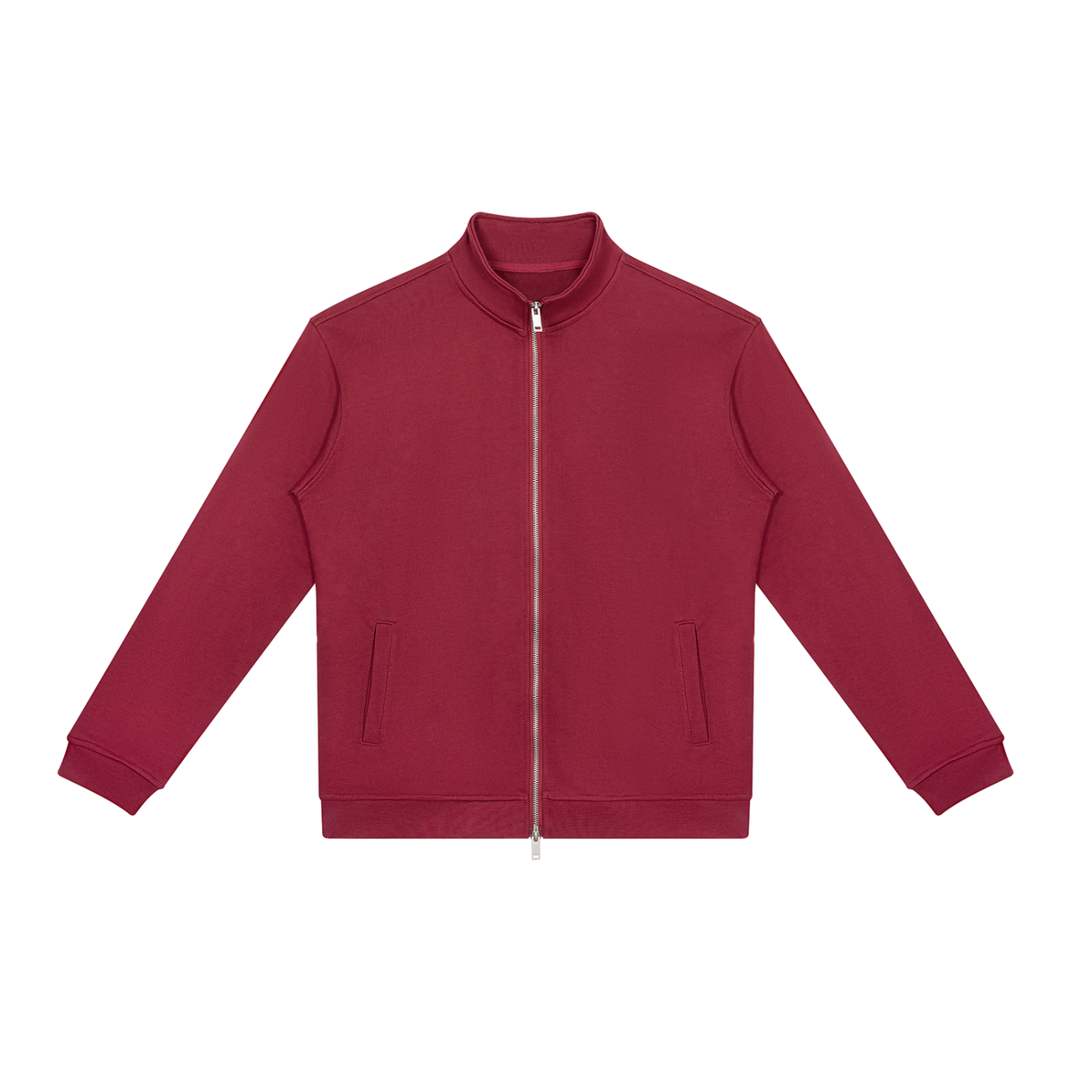 Unisex Stand Collar Full Zip Jacket in wine red