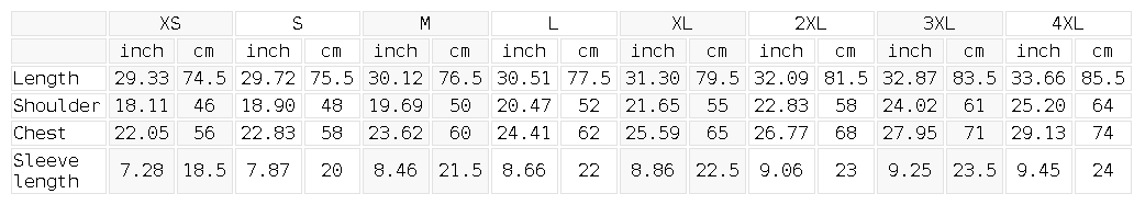 Size chart for the Unisex Streetwear Oversized Cotton T-Shirt