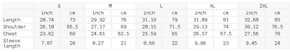 Size chart for the Unisex Striped Drop Shoulder Jersey
