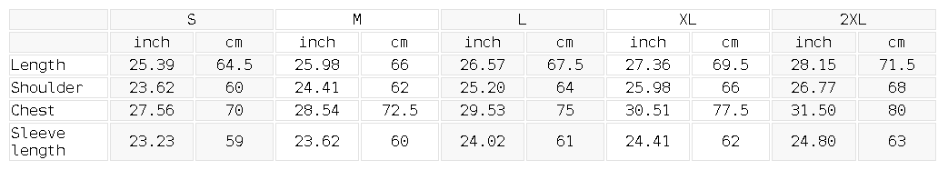 Size chart for the Unisex Striped Full-Zip Track Jacket