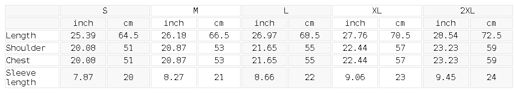 Size chart for the Unisex Striped Loose V-Neck T-Shirt