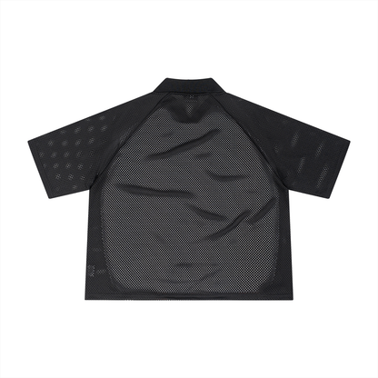 Unisex Striped Mesh Boxy Soccer Jersey in black with red, alternate angle