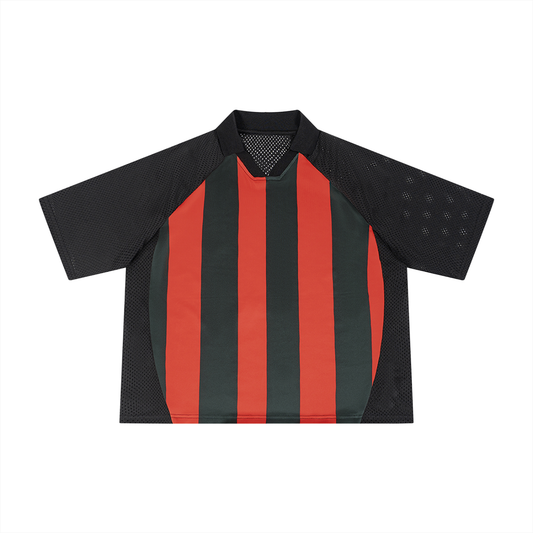 Unisex Striped Mesh Boxy Soccer Jersey in black with red
