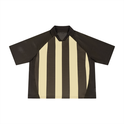 Unisex Striped Mesh Boxy Soccer Jersey in coffee with apricot