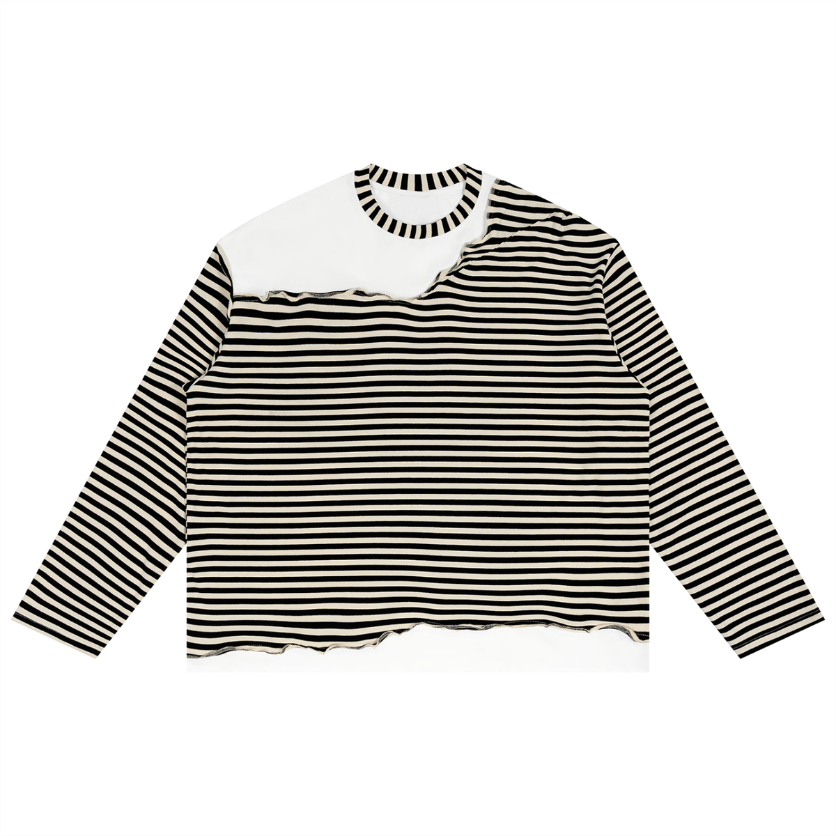 Unisex Striped Panel Boxy Long Sleeve T-Shirt in apricot with black