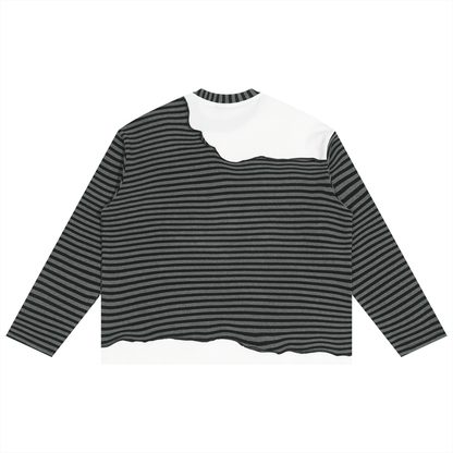 Unisex Striped Panel Boxy Long Sleeve T-Shirt in black with flower gray, alternate angle