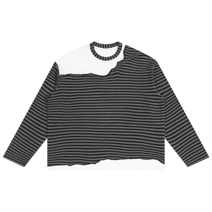 Unisex Striped Panel Boxy Long Sleeve T-Shirt in black with flower gray