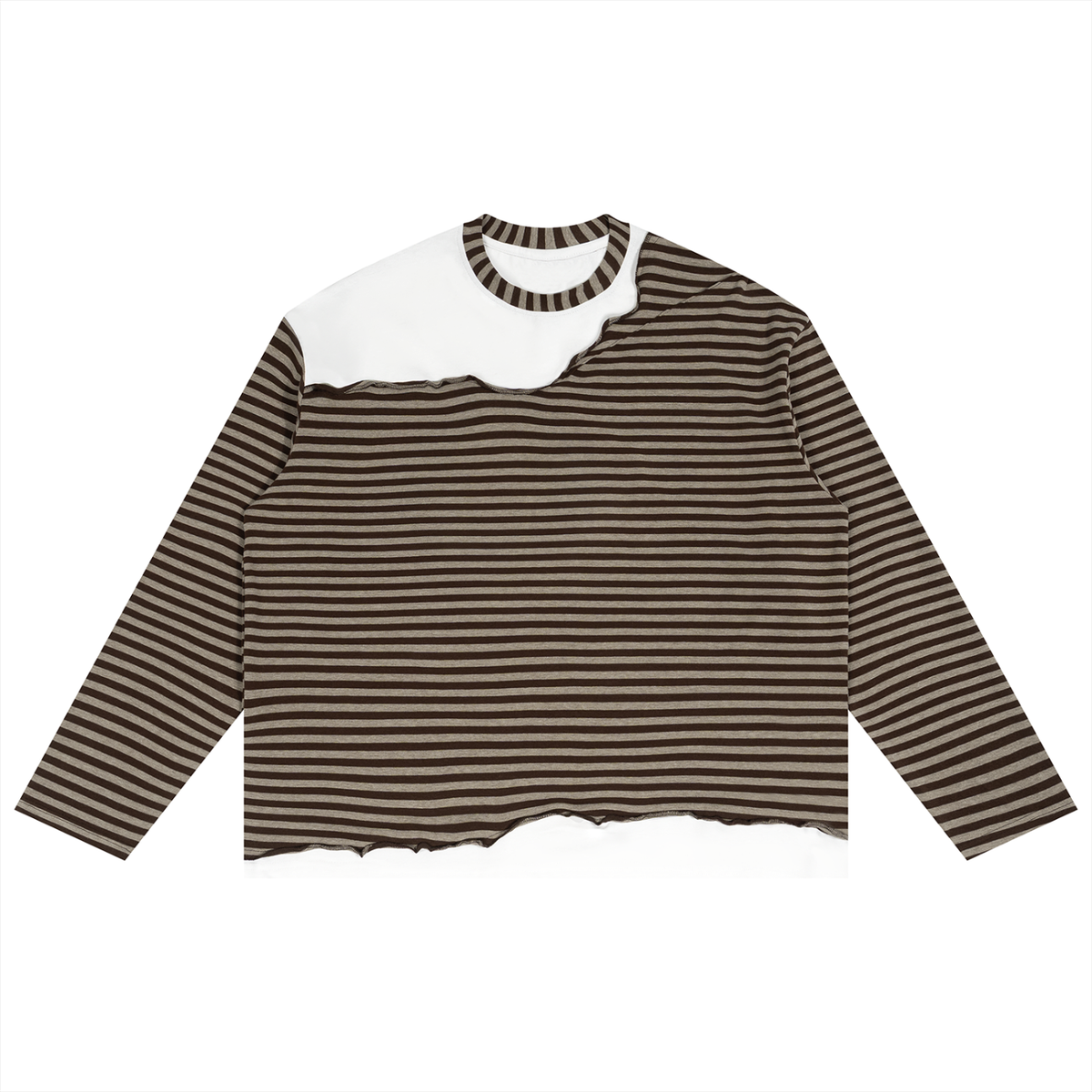 Unisex Striped Panel Boxy Long Sleeve T-Shirt in coffee with gray