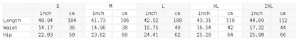 Size chart for the Unisex Striped Pleated Pants