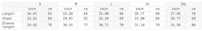 Size chart for the Unisex Striped Raglan Long Sleeve T-Shirt