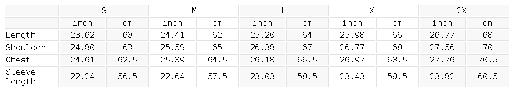 Size chart for the Unisex Striped Rib Collar Zip Jacket