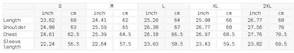 Size chart for the Unisex Striped Rib Collar Zip Jacket
