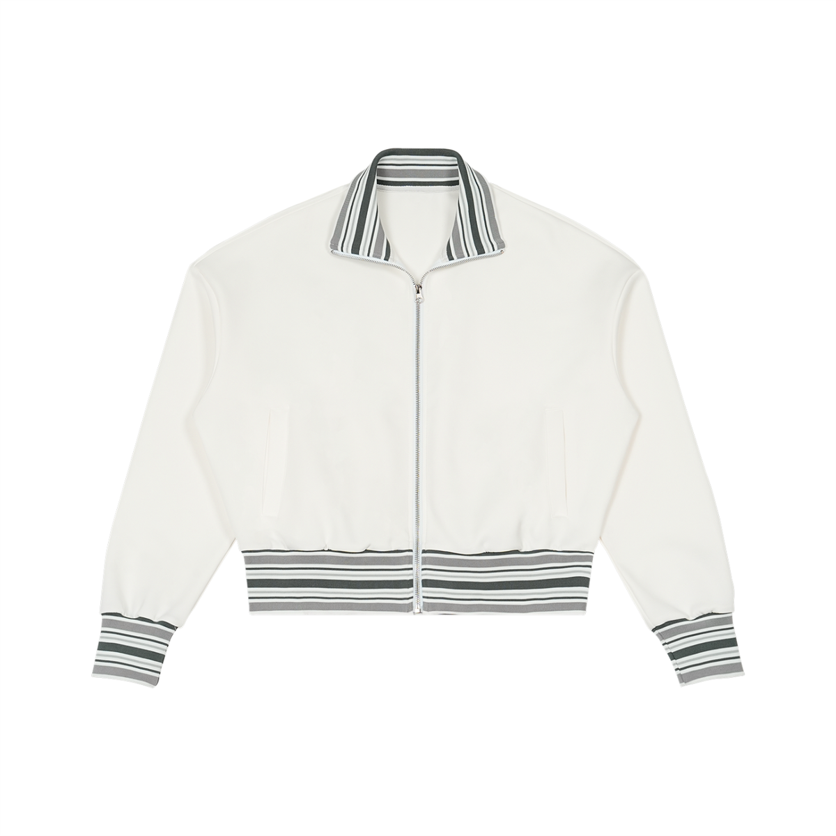 Unisex Striped Rib Collar Zip Jacket in white