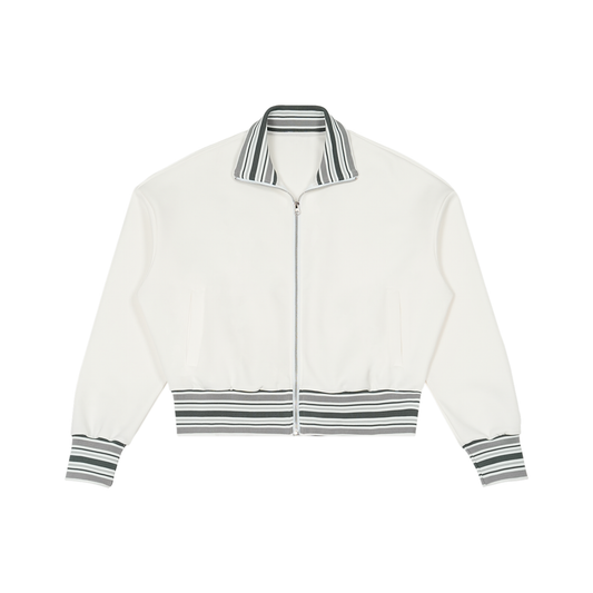 Unisex Striped Rib Collar Zip Jacket in white
