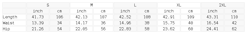 Size chart for the Unisex Striped Waist Wide Leg Pants