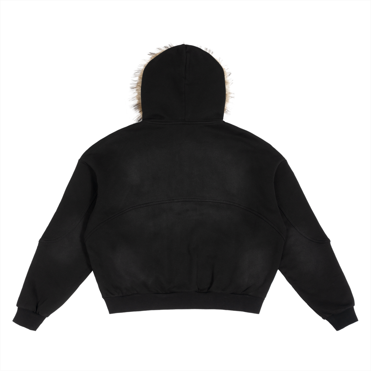 Unisex Sun Fade Boxy Detachable Fur Full Zip Hoodie in black, alternate angle