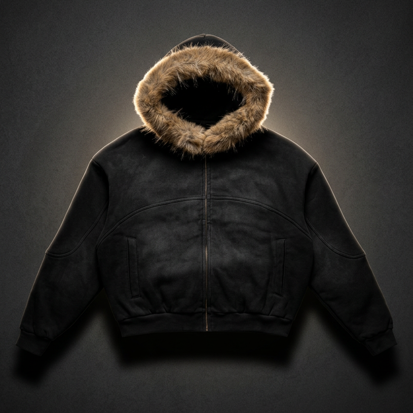 Unisex Sun Fade Boxy Detachable Fur Full Zip Hoodie